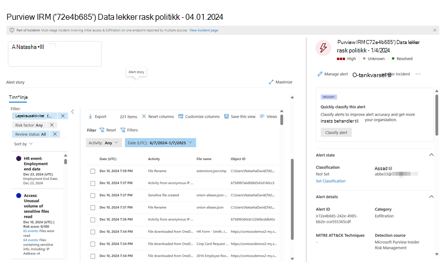 Eksempel på insider-risikovarsler fra Microsoft Purview administrasjon av intern risiko.
