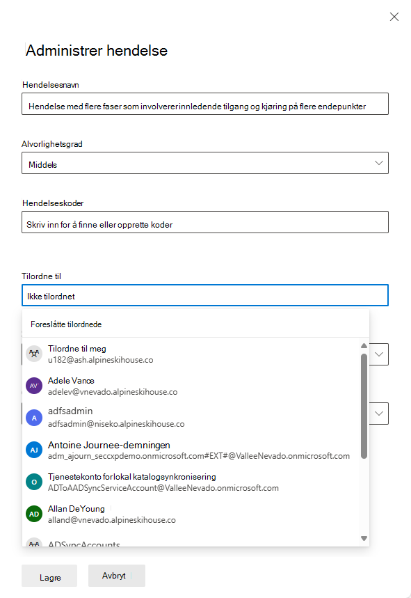 Skjermbilde som viser hvordan du tilordner en eier i ruten Administrer hendelse i Microsoft Defender-portalen.