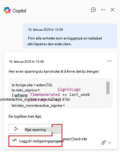 Skjermbilde av Sikkerhet Copilot i avansert jakt som viser alternativet Legg til i redigeringsprogram.