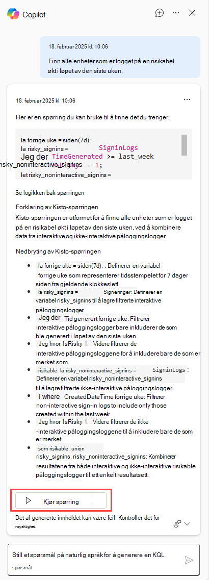 Skjermbilde av Copilot-knappen som viser alternativet Kjør spørring.