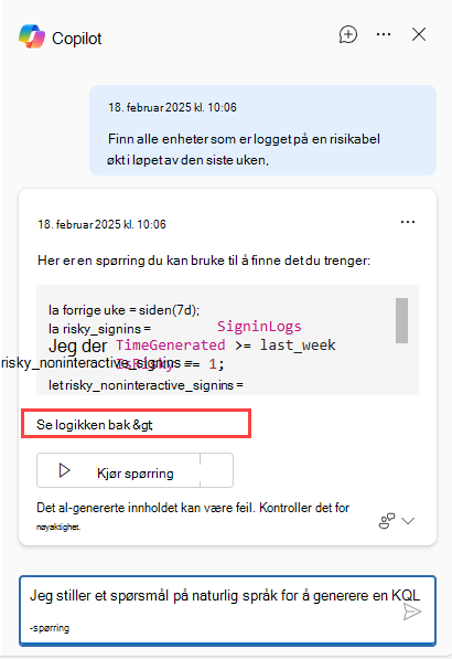 Skjermbilde av Copilot-knappen som viser Se logikken bak spørringen.