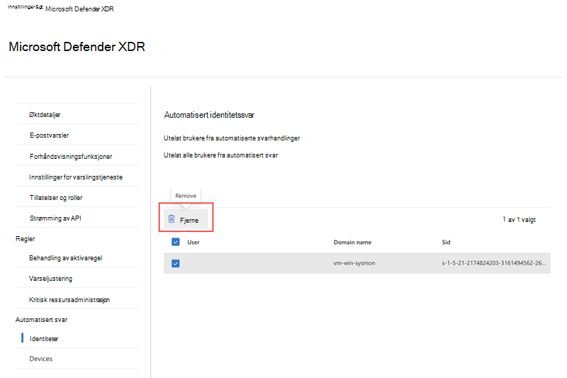 Utheve alternativet for fjerning når du fjerner en ekskludert bruker på Identiteter-siden i innstillingene for automatisering av angrepsforstyrrelser