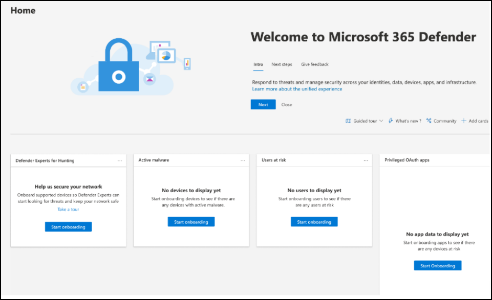 Skjermbilde av velkomstsiden Microsoft Defender XDR med et kort for Defender jakteksperter-tjenesten.