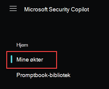 Skjermbilde som viser Microsoft Security Copilot Hjem-menyen med Mine økter uthevet.