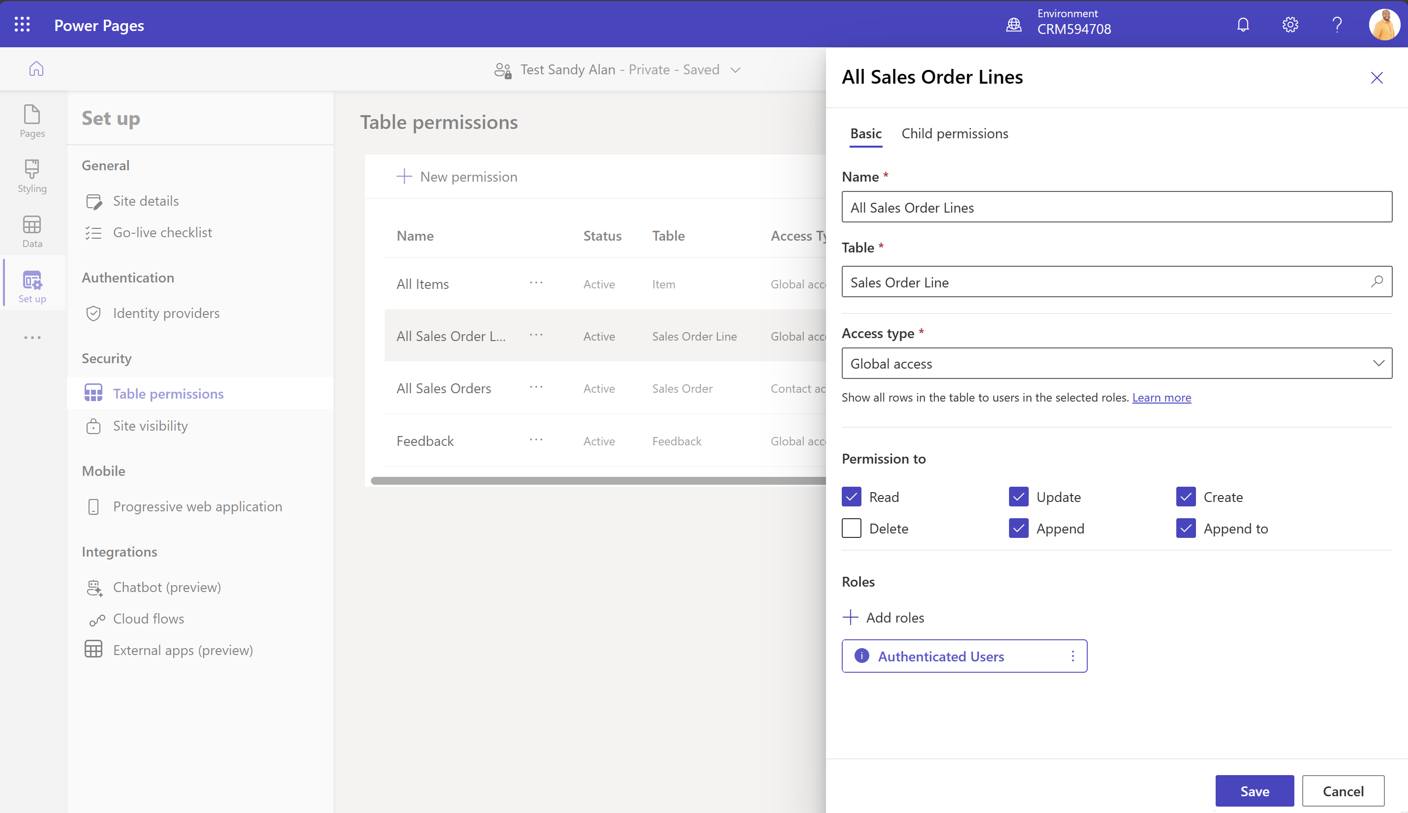 Screenshot of adding authenticated permissions to access sales order lines in Power Pages maker portal