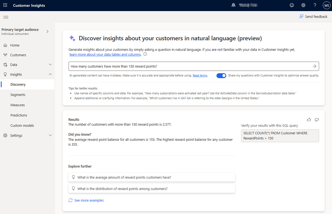 Skjermbilde av dialogen med datafunksjonen, med copilot AI som besvarer et brukerspørsmål.