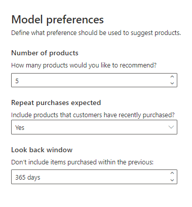 Modellinnstillinger for produktanbefalingsmodellen.