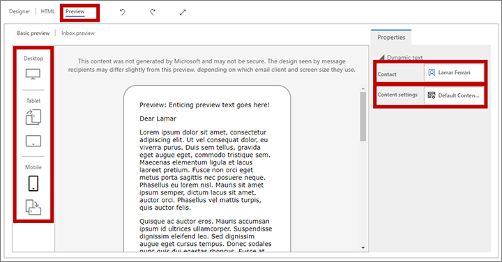 Forhåndsvisning av e-post og innstillinger for forhåndsvisning.