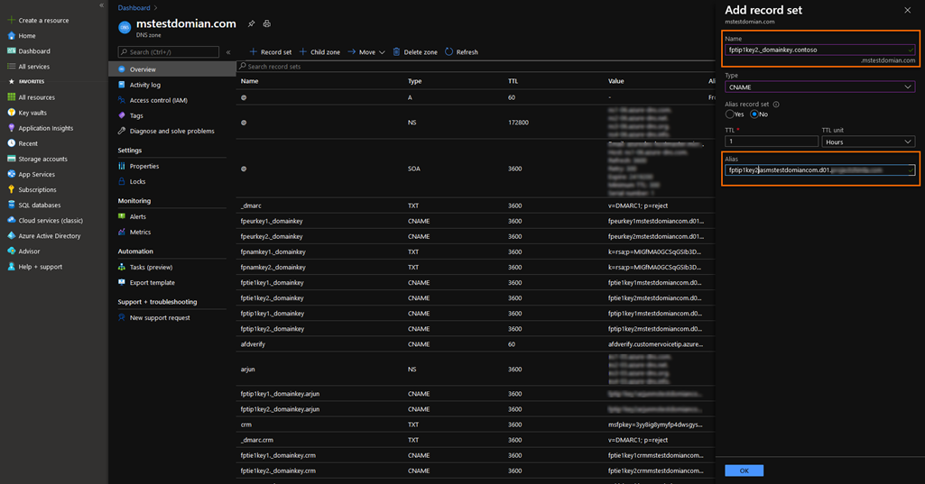 Legg til CNAME-alias og -adresse i Microsoft Azure.