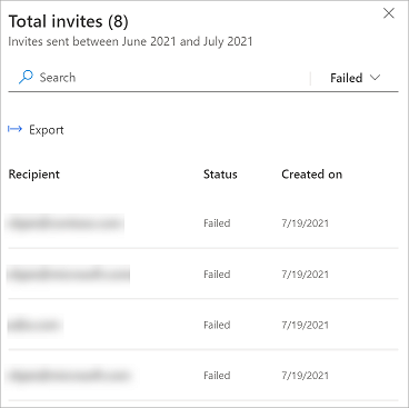 Skjermbilde som viser mottakernavn, status (mislykket) og datoen invitasjonen mislyktes.