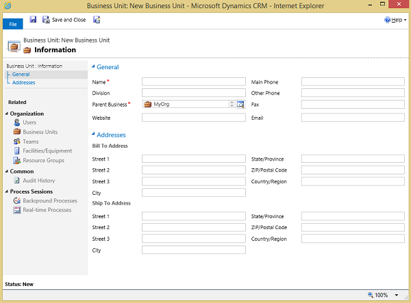 Dialogboksen Forretningsenhet i Dynamics 365 for Customer Engagement.