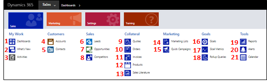 Områdekart for Sales-app for Dynamics 365 Customer Engagement (on-premises).