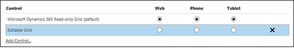 Rad i Editable grid med formfaktorutvalg.