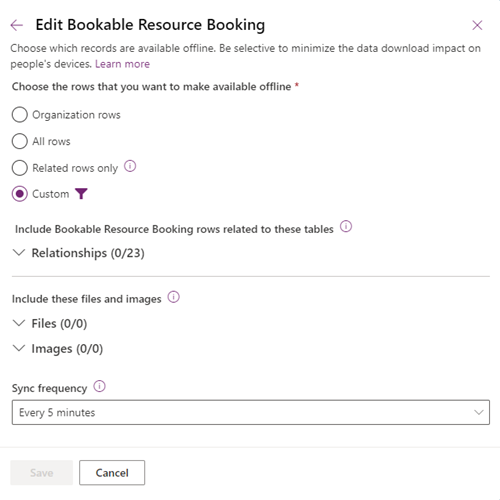 Skjermbilde av innstillinger for frakoblede data for tabellen Bestilling av ressurs som kan reserveres i den frakoblede profilen for Field Service-mobilappen.