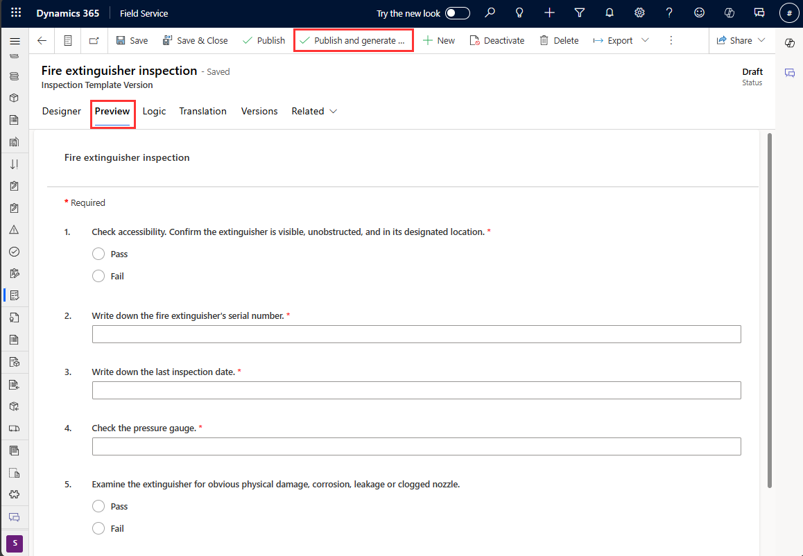 Skjermbilde av Field Service-inspeksjonen, som uthever både forhåndsvisningsdelen og publiseringsalternativet.