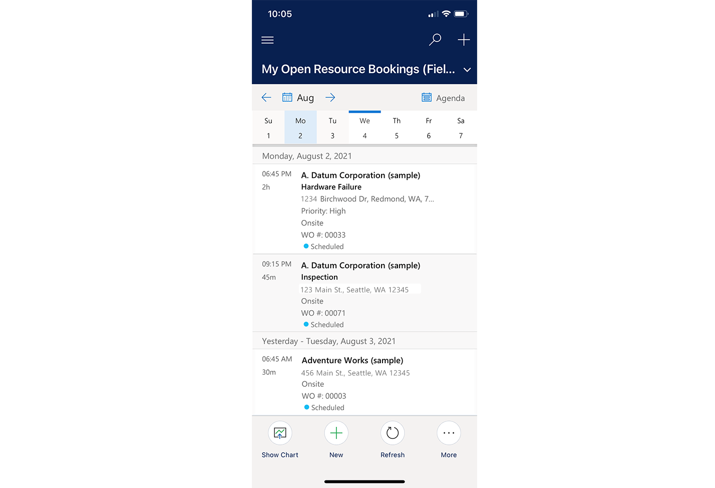 Field Service Mobile-app med en tilpasset sakslistevisning i kalendaren.