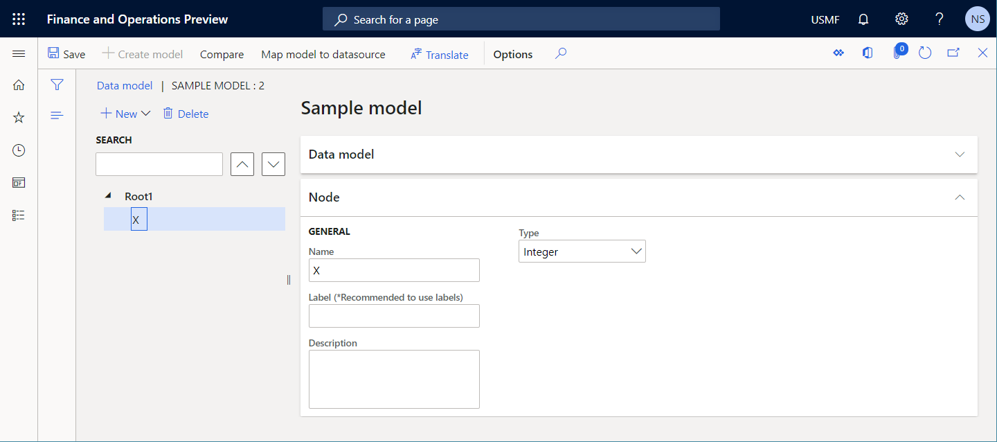 X-feltet og heltallsdatatype er lagt til i datamodustreet på datamodellsiden.