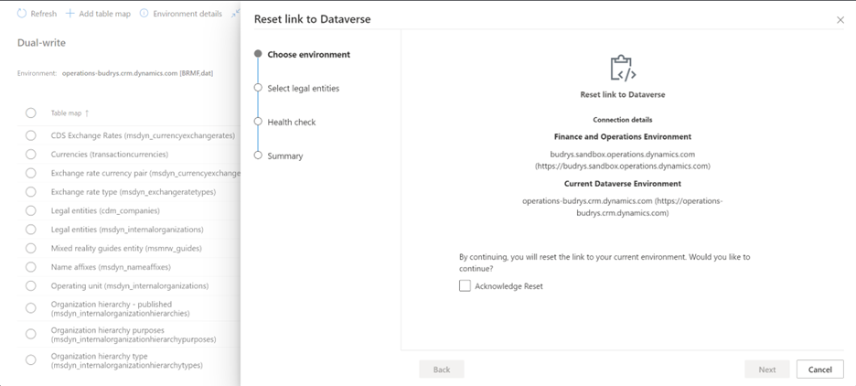 Choose environment page in the Reset link to Dataverse wizard for scenario 4.