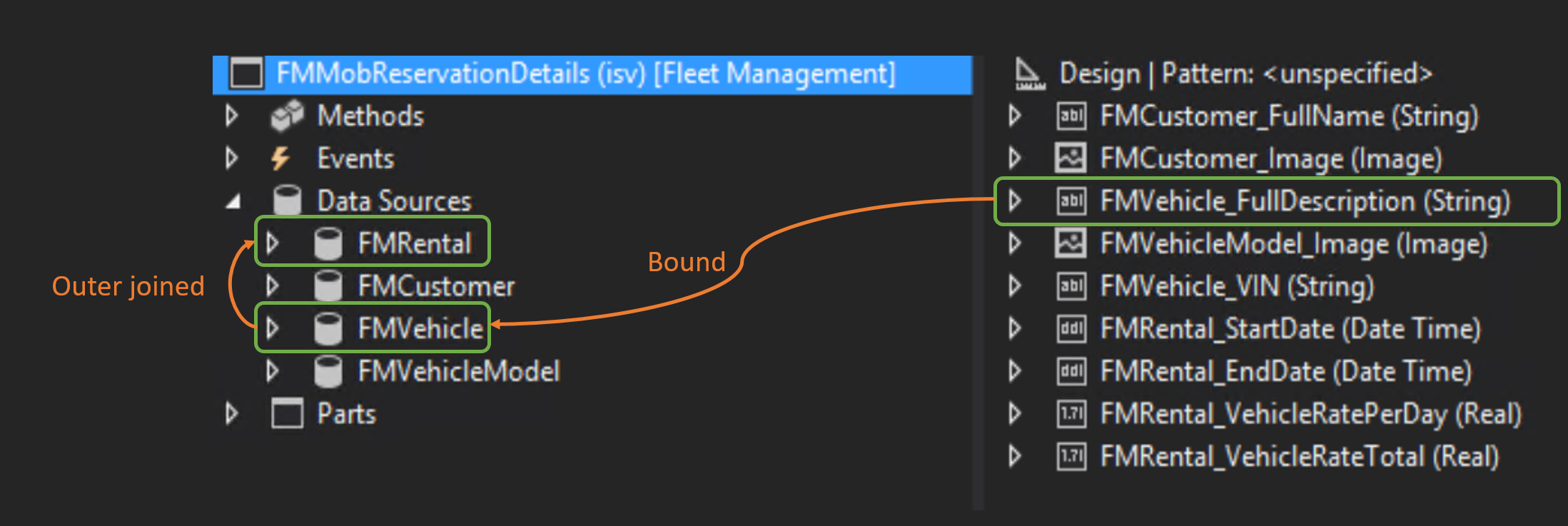 Binding the referenced field to the referenced entity’s data source.