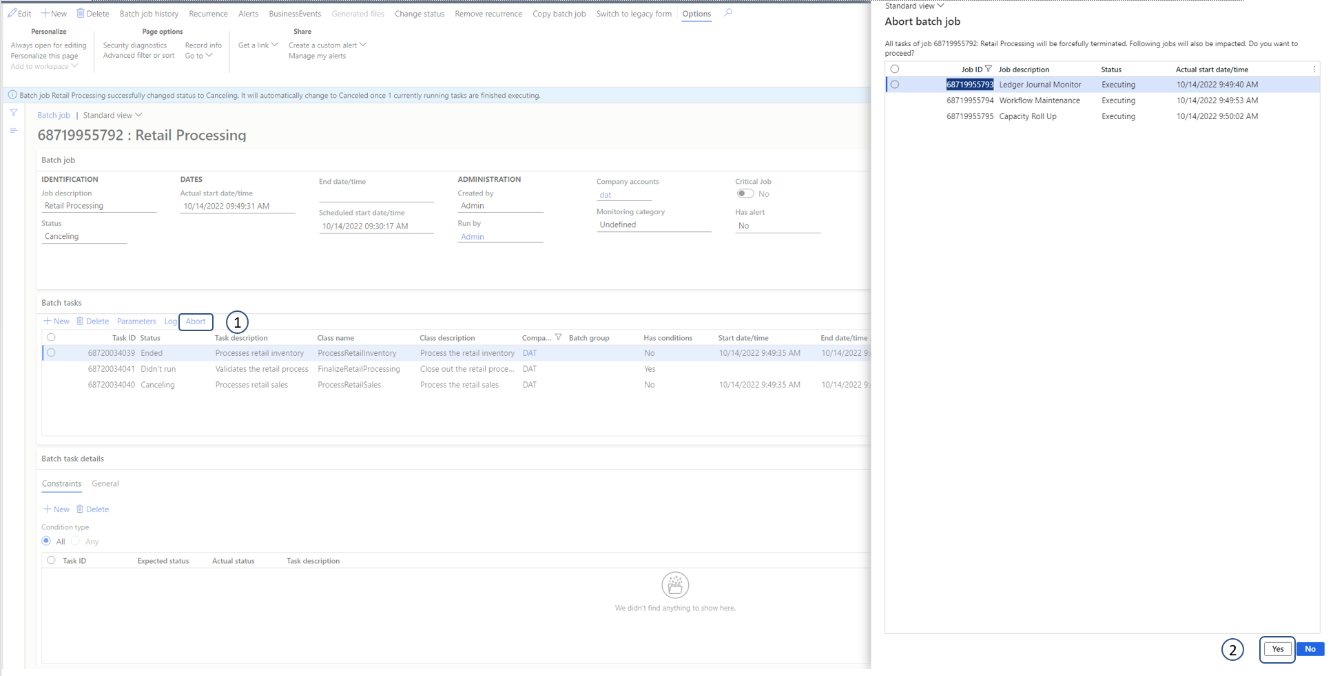 Aborting the tasks in a batch job when the Ehanced batch abort feature is enabled.