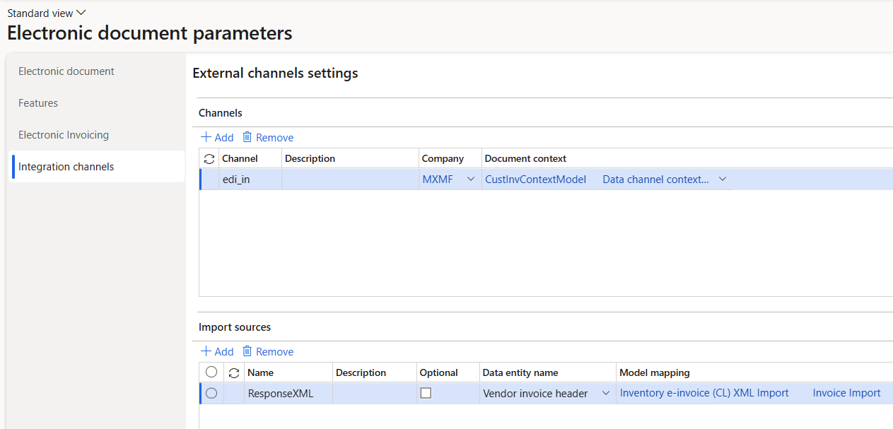 Screenshot of the Integration channels tab of the Electronic document parameters page.