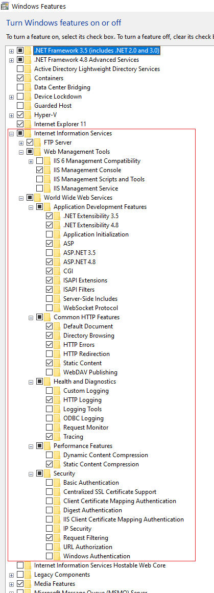 Turning on IIS features.