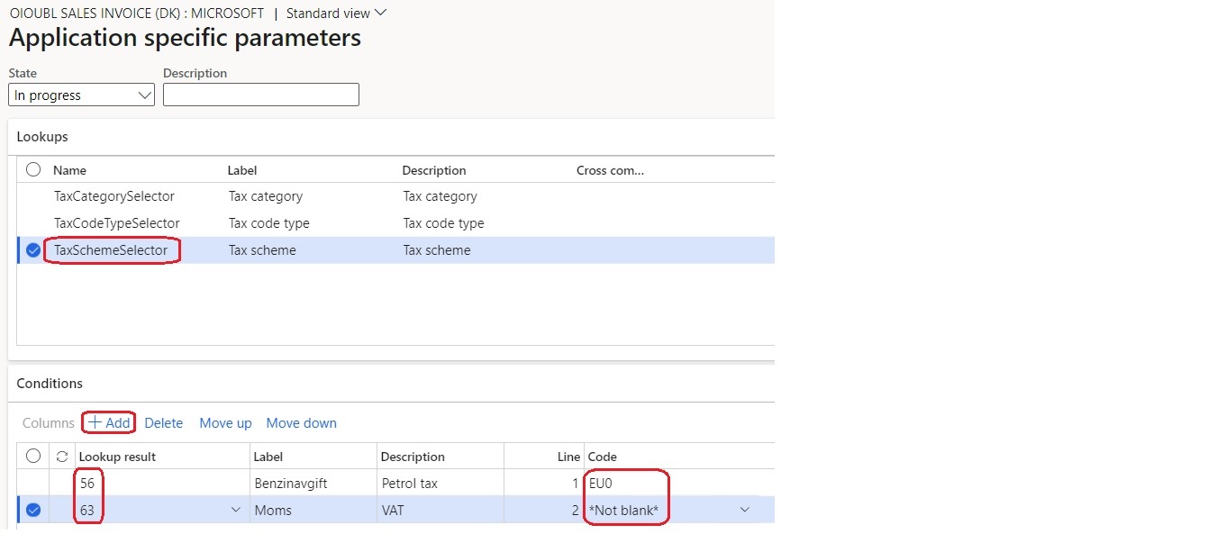 Definere betingelser for TaxSchemeSelector-oppslag på siden Programspesifikke parametere.