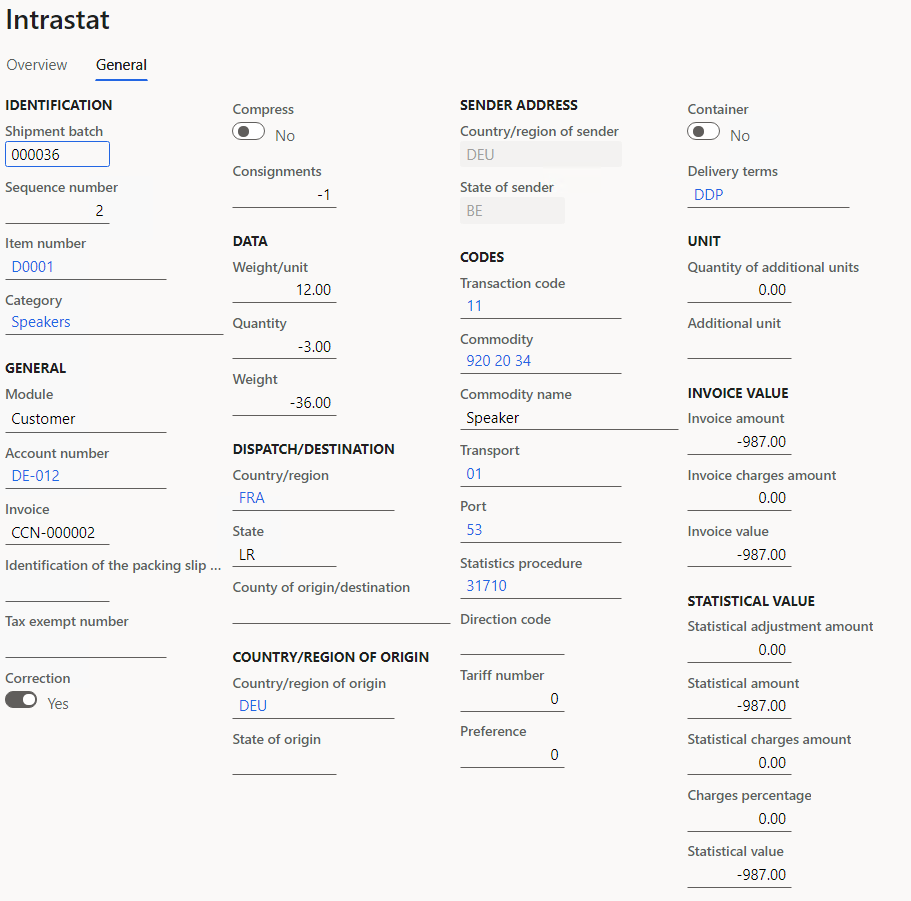 Details of the correction on the General tab of the Intrastat page