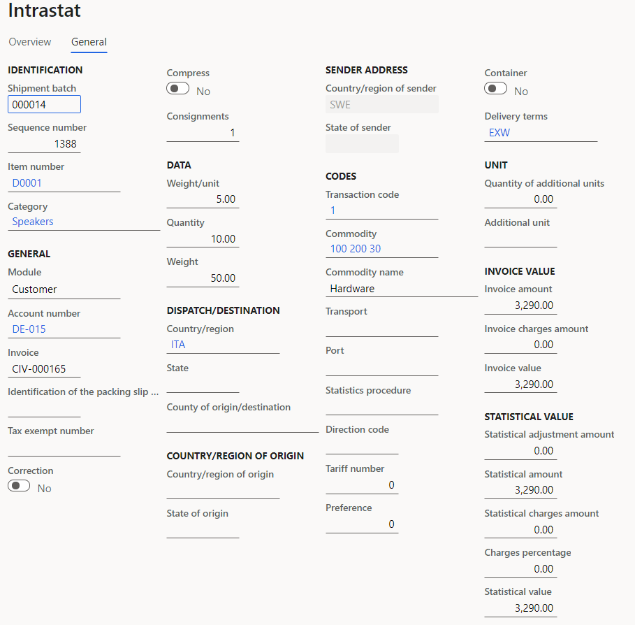 Intrastat journal line details for sales order