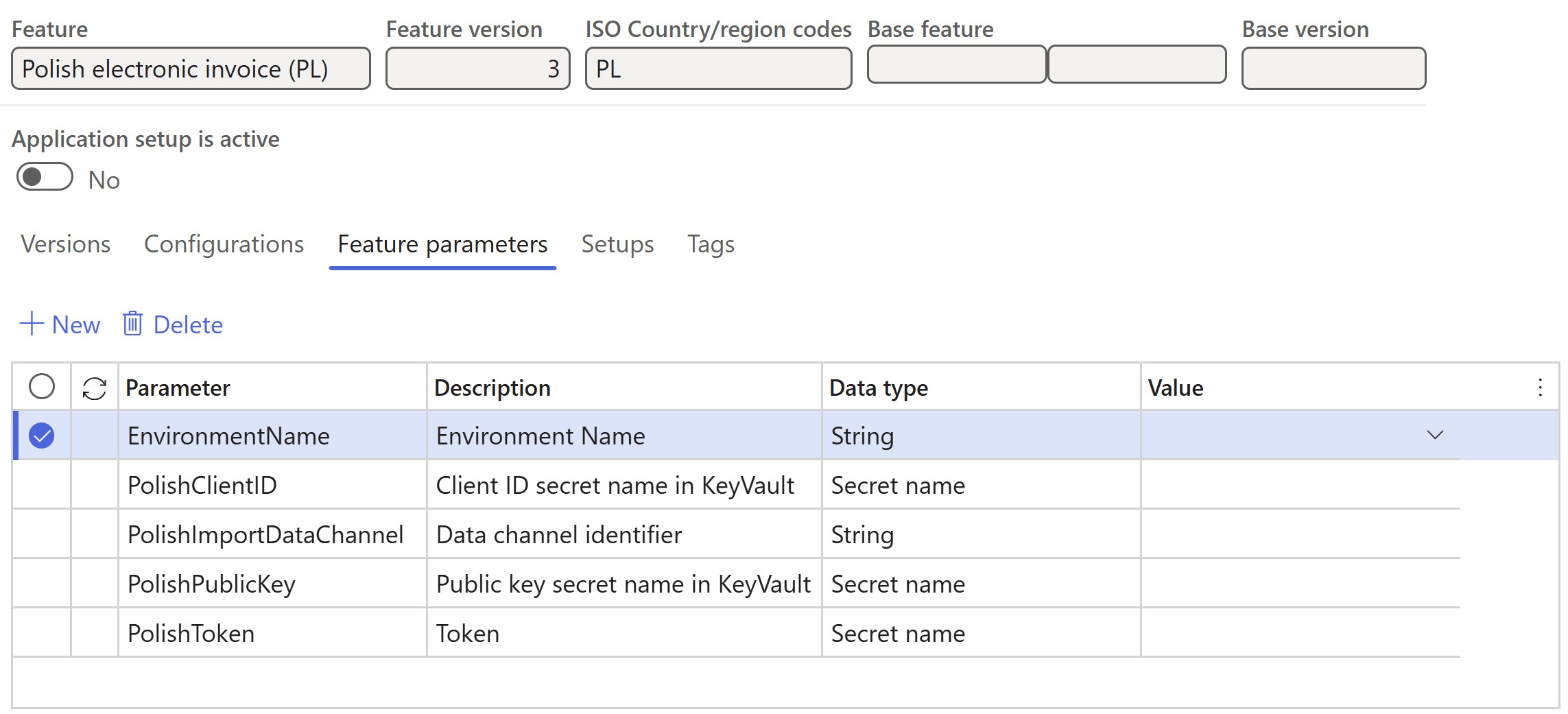 Screenshot that shows the Feature parameters tab configured for the Globalization feature for Poland.