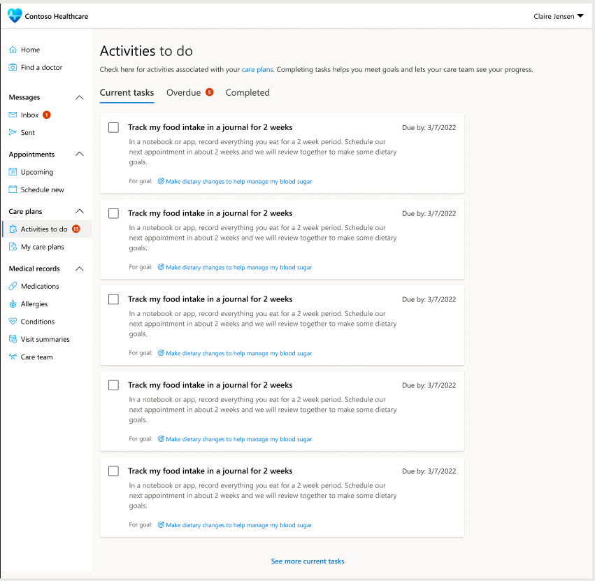 A screenshot showing a view of the current, completed, and overdue activities on the Patient access portal.