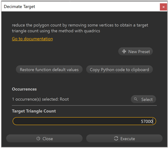 Dialogboksen Decimate Target viser feltet Target Triangle Count.