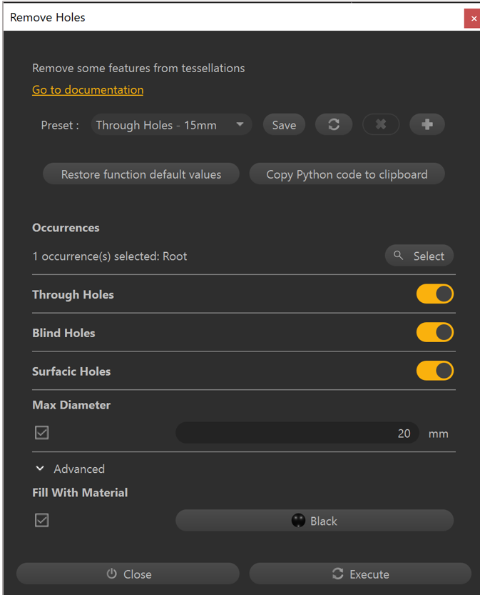 Remove Holes-vinduet som viser forskjellige typer hull.