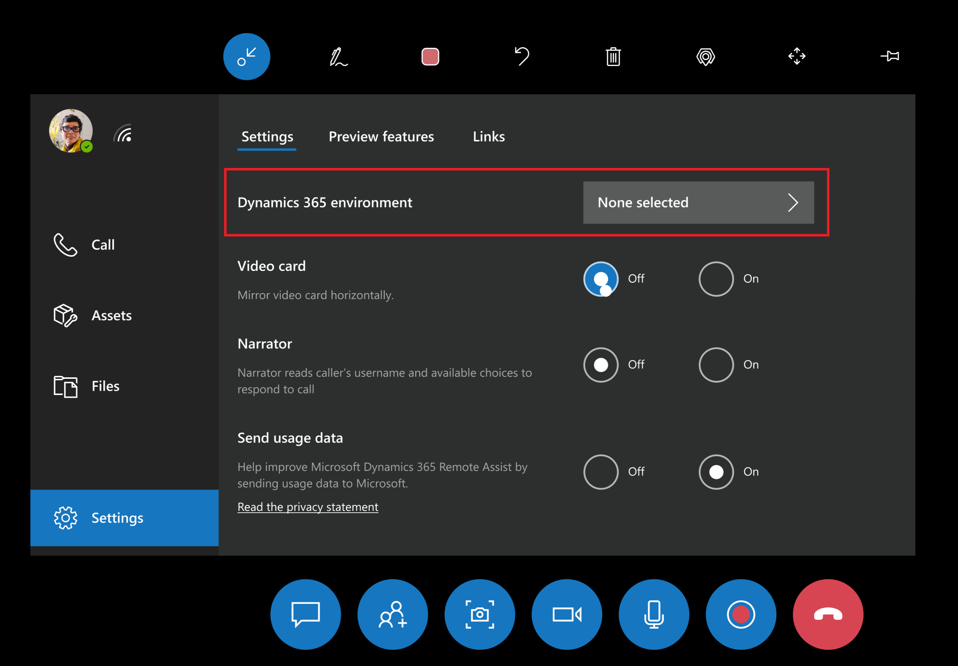 Remote Assist-innstillinger i HoloLens.