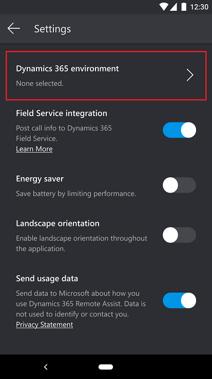 Remote Assist-innstillinger i mobilappen.