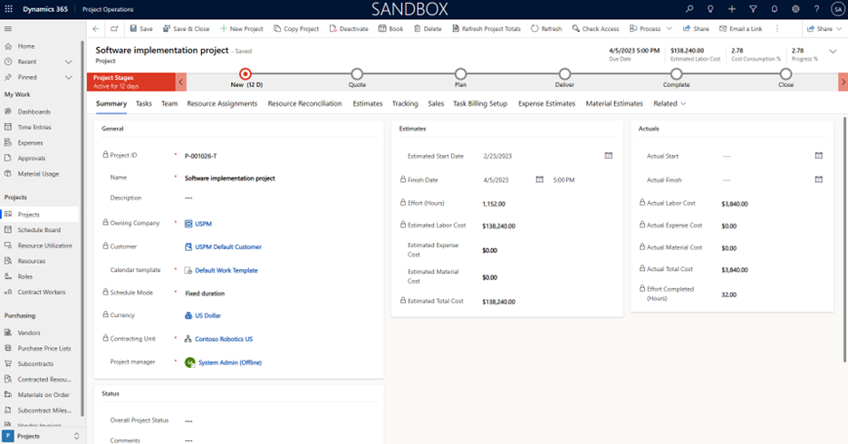 Sammendrag-fanen på prosjektsiden for eksempelprosjektet Business Software Implementation der de ulike prosjektfasene vises.