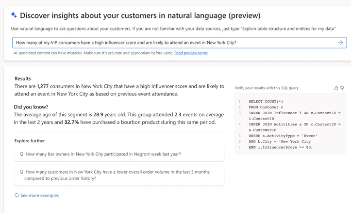 Grensesnittbilde som viser inndata, svar og utvidet innsikt, foreslåtte spørsmål og SQL-syntaks.