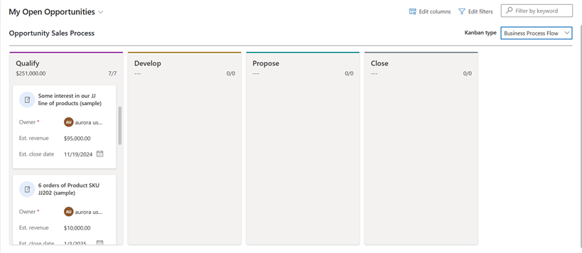 Kanban-visning for forretningsprosessflytbasert salgsmulighet.