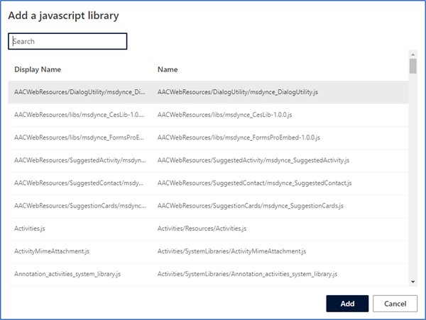 Et skjermbilde som viser en liste over JavaScript-biblioteker som skal legges til i en prognose.