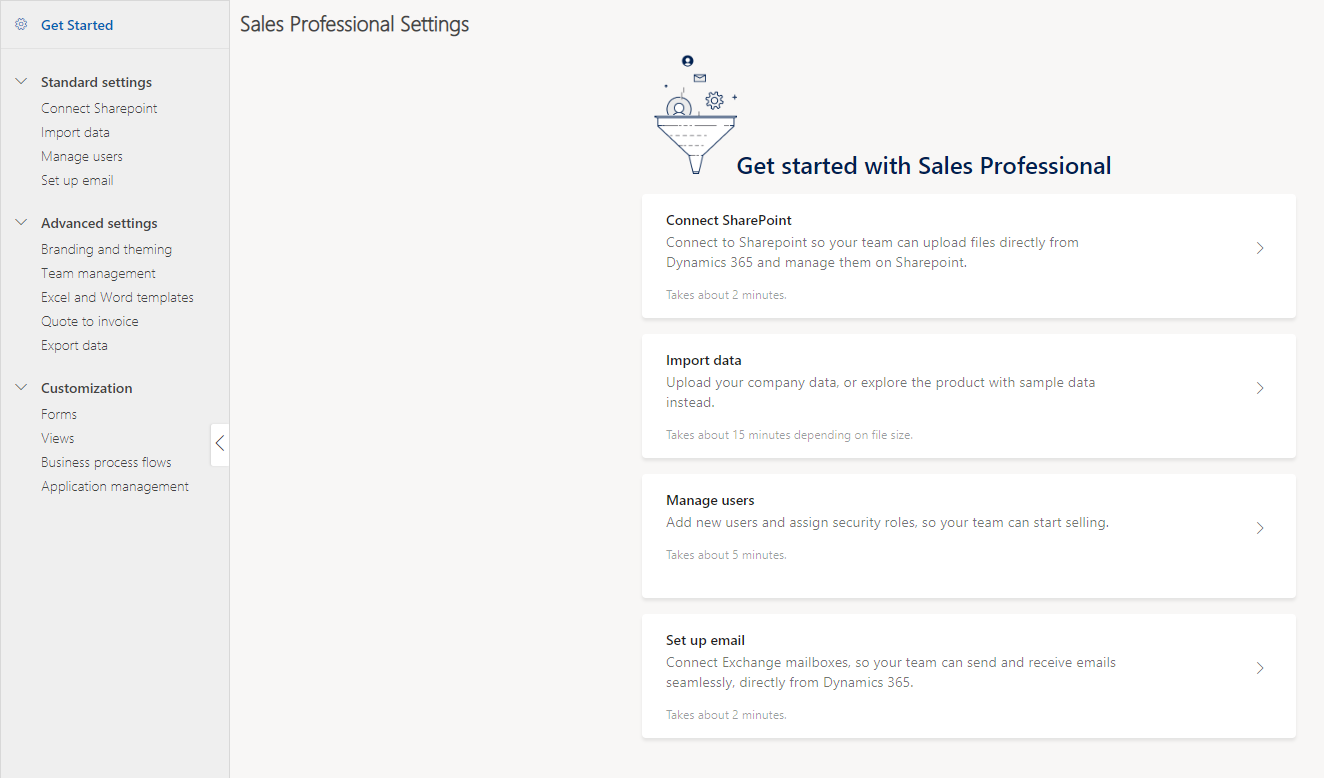 Skjermbilde av Kom i gang-siden i Dynamics 365 Sales Professional.