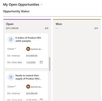 Kanban-visning for statusbasert salgsmulighet.