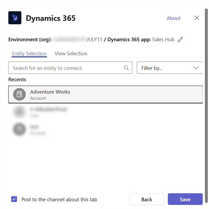 Legg til teamkanal for Dynamics 365-apper.