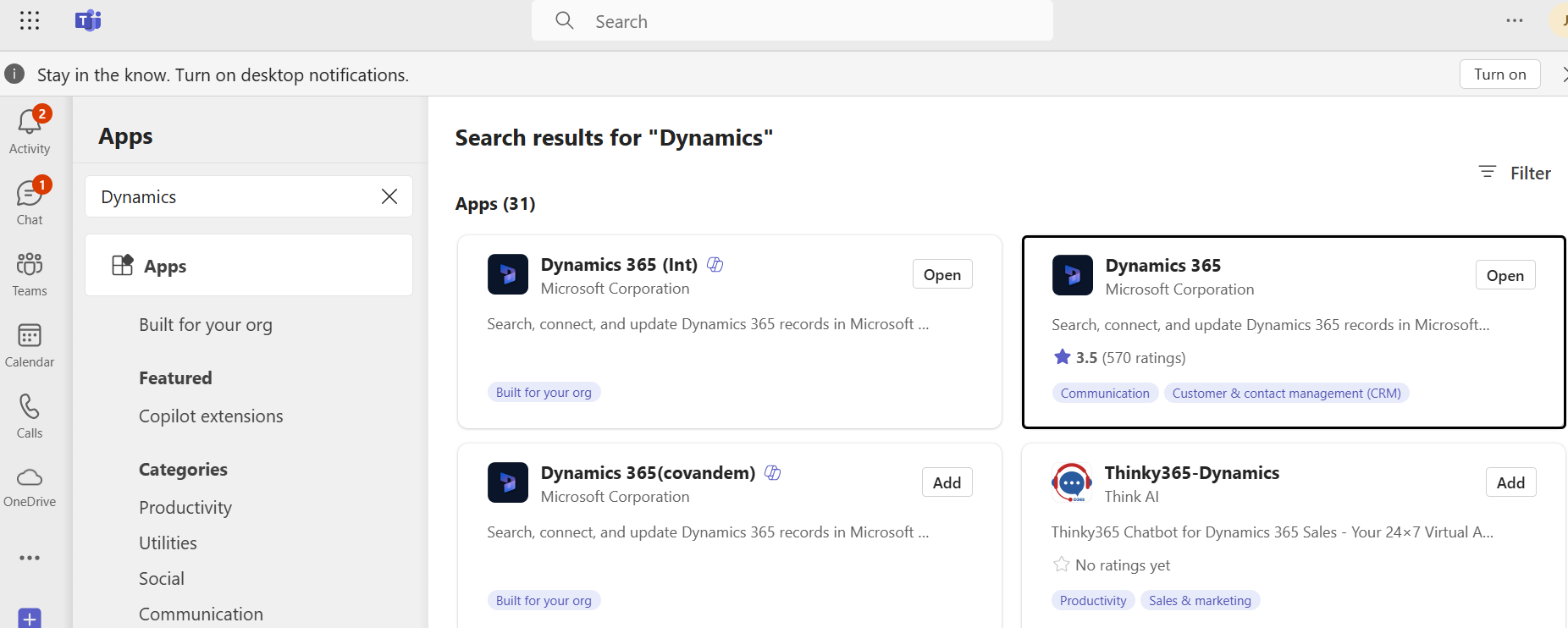 Søk etter og velg Dynamics 365.