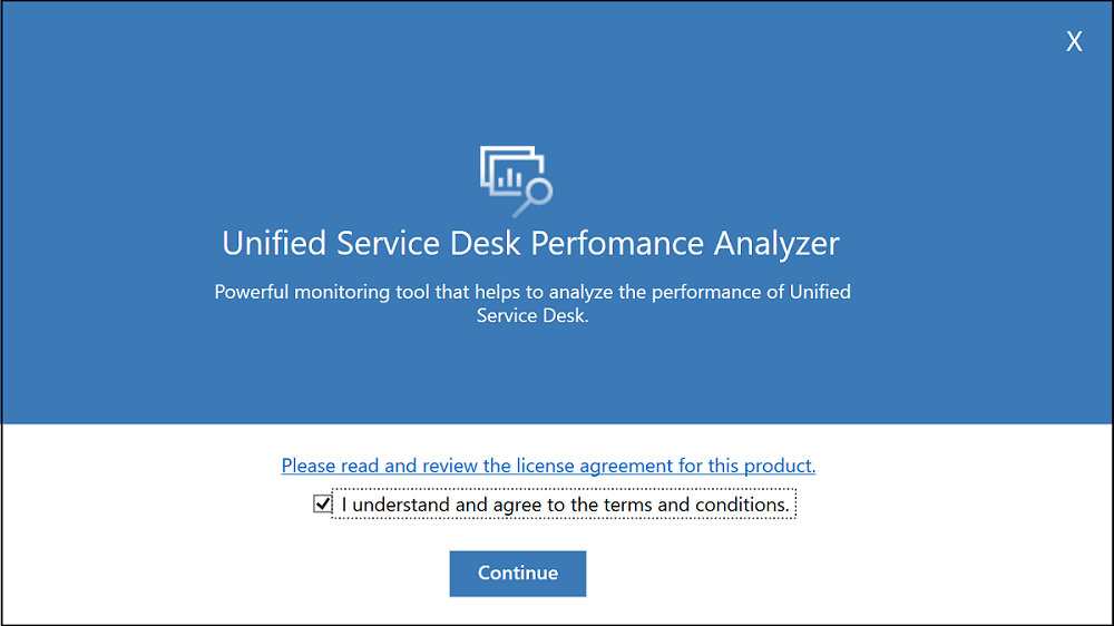 Velkomstskjermen for Unified Service Desk Performance Analyzer.