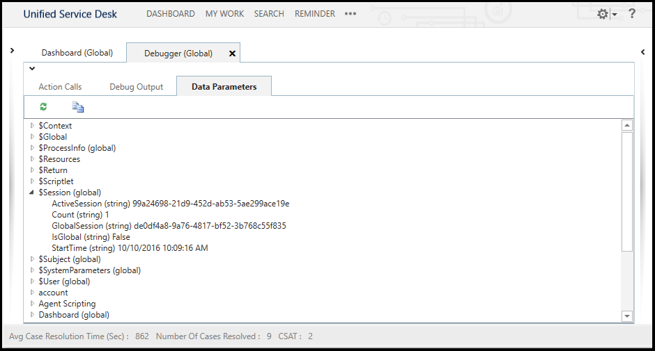 Unified Service Desk Debug Data Parameters  tab.