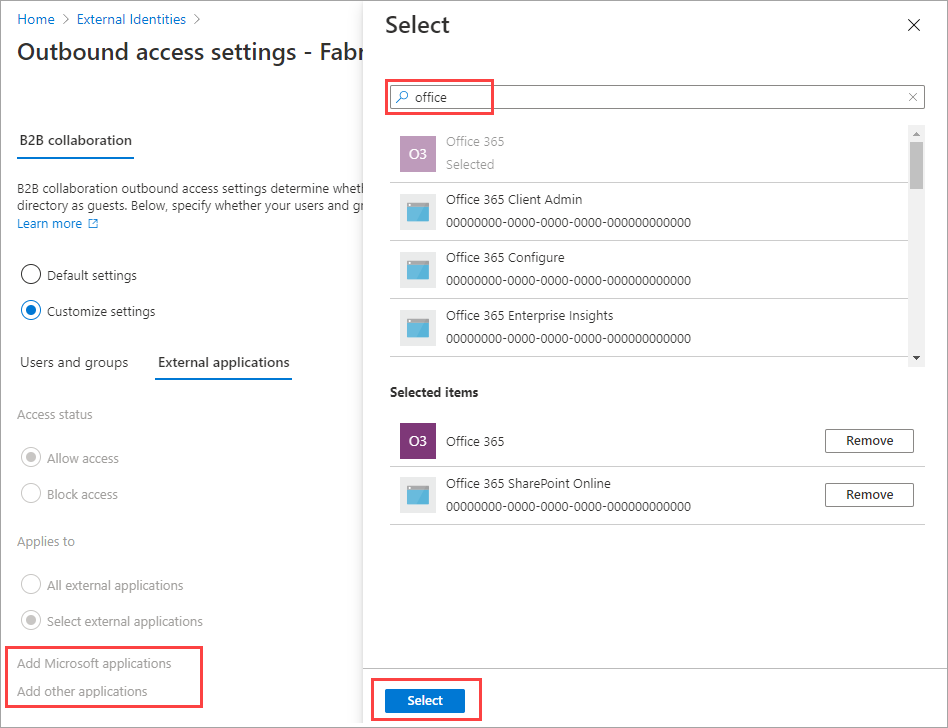 Screenshot showing selecting applications for b2b collaboration.