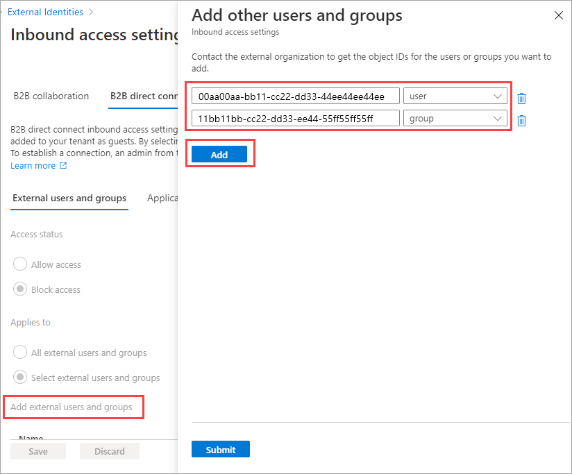 Screenshot showing adding external users for inbound b2b direct connect