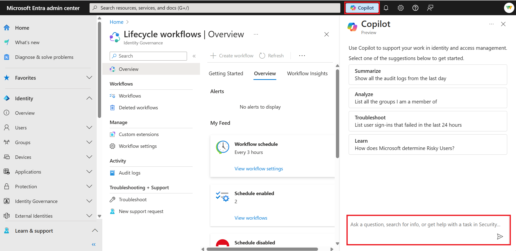 Screenshot that shows the Copilot in the Microsoft Entra admin center.