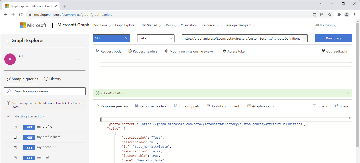 Screenshot that shows a Microsoft Graph API call for custom security attributes.