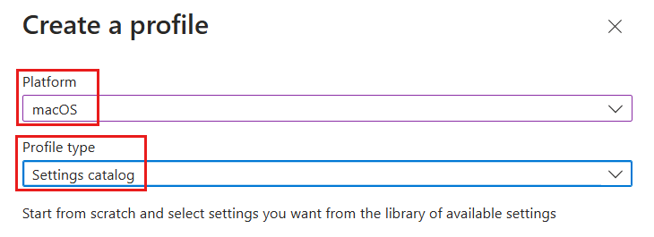 Screenshot of the Create a profile form with the macOS Platform and Settings catalog Profile type highlighted.